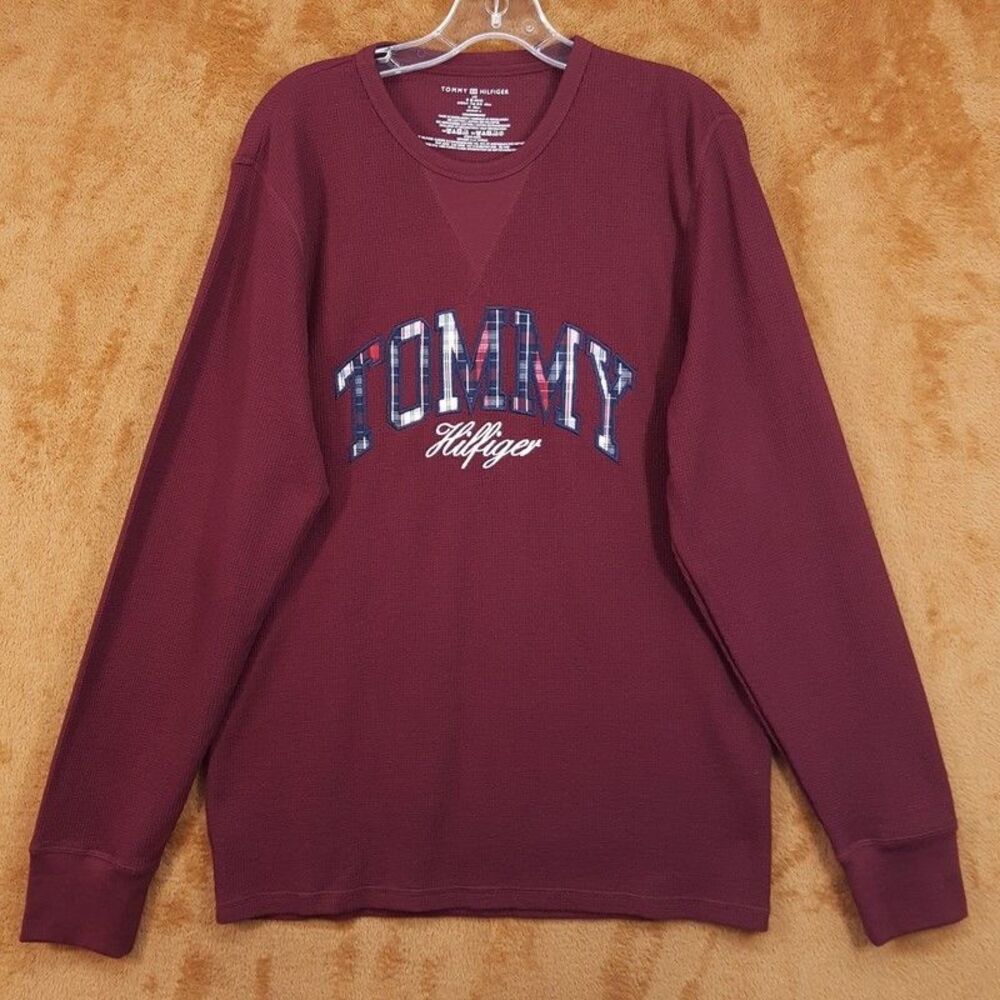 TOMMY HILFIGER Shirt Mens Large Maroon Pullover Thermal Waffle Knit Casual Logo